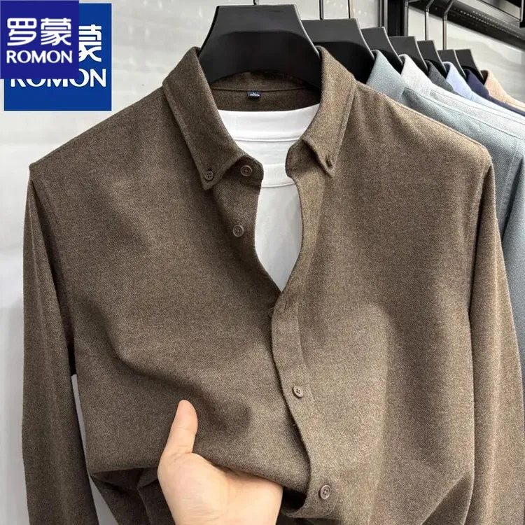 罗蒙重磅磨毛莫代尔棉男士长袖衬衫秋冬新款商务休闲百搭时尚衬衣