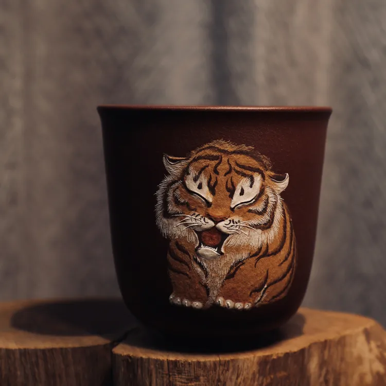 紫砂紫泥工笔萌虎主人杯 |手工泥绘“小隐”雅趣茶器