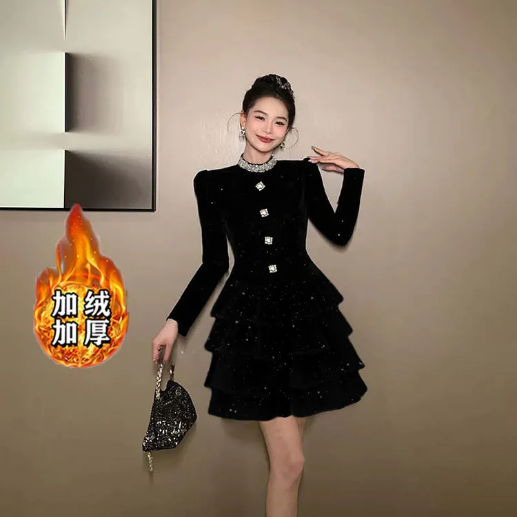 【常规/加绒】时尚小黑裙赫本风设计感名媛气质收腰连衣裙JT0238