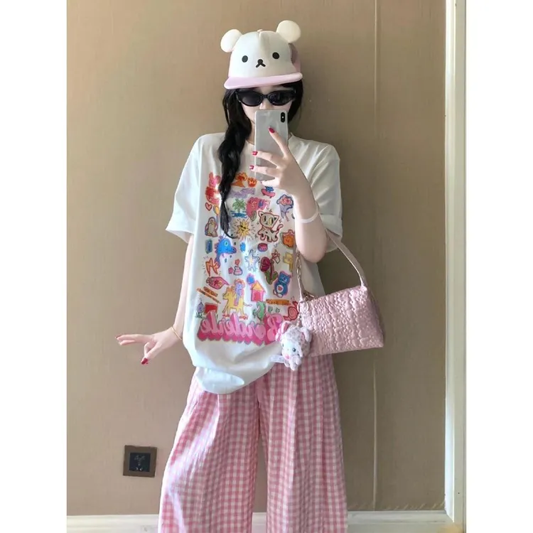 多巴胺休闲运动套装女夏季宽松韩版学生短袖时尚格子阔腿裤两件套