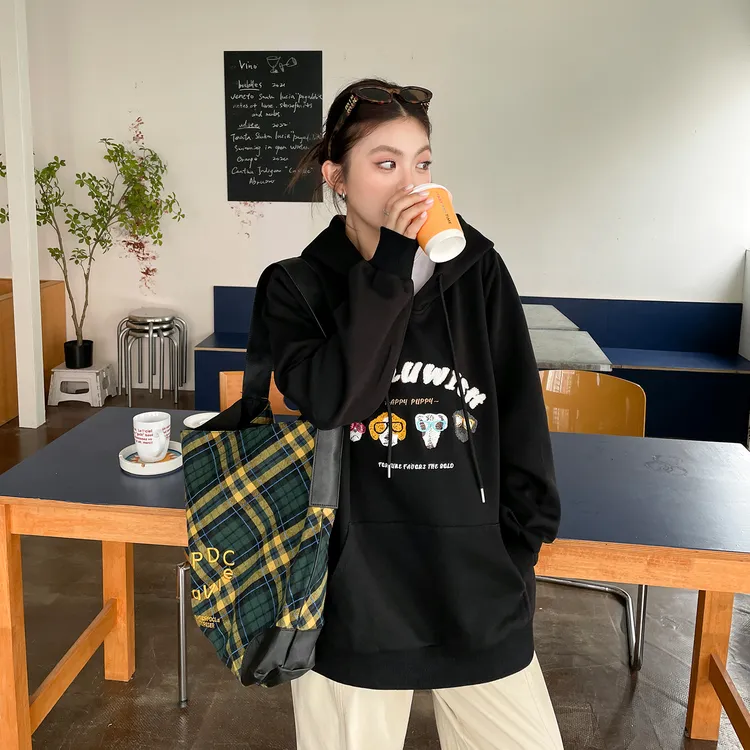 大码女装胖mm正肩显瘦巨遮肚子连帽卫衣秋季穿搭韩式慵懒chic上衣