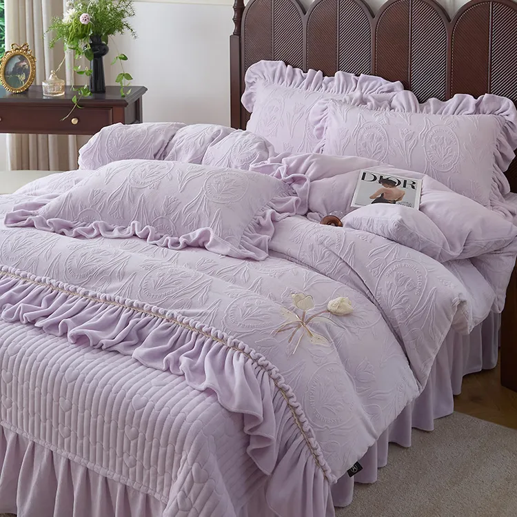 水星家纺 内购会新款12斤雕花绒牛奶绒韩版加厚保暖床盖款四件套