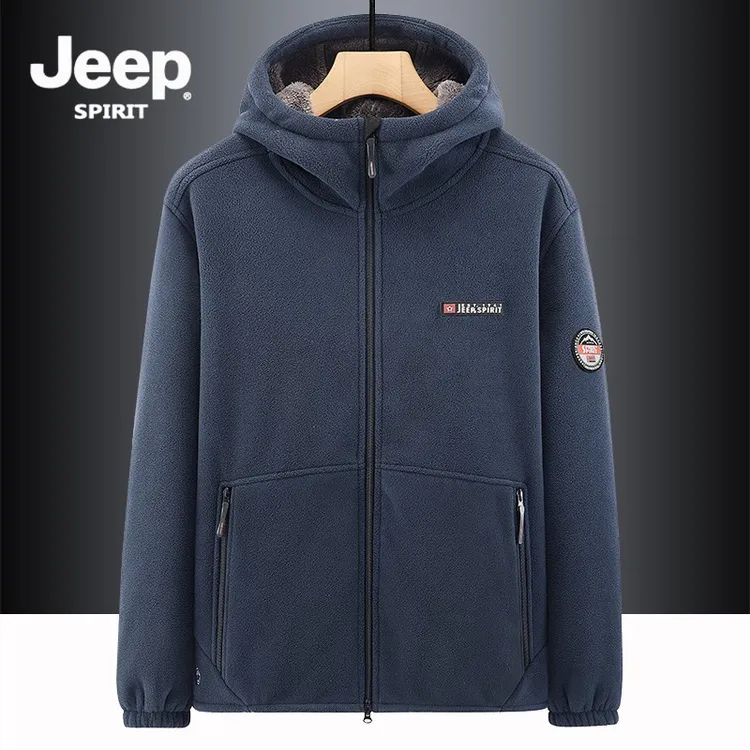 Jeep吉普摇粒绒外套男秋冬季保暖户外连帽抓绒衣大码加绒加厚卫衣