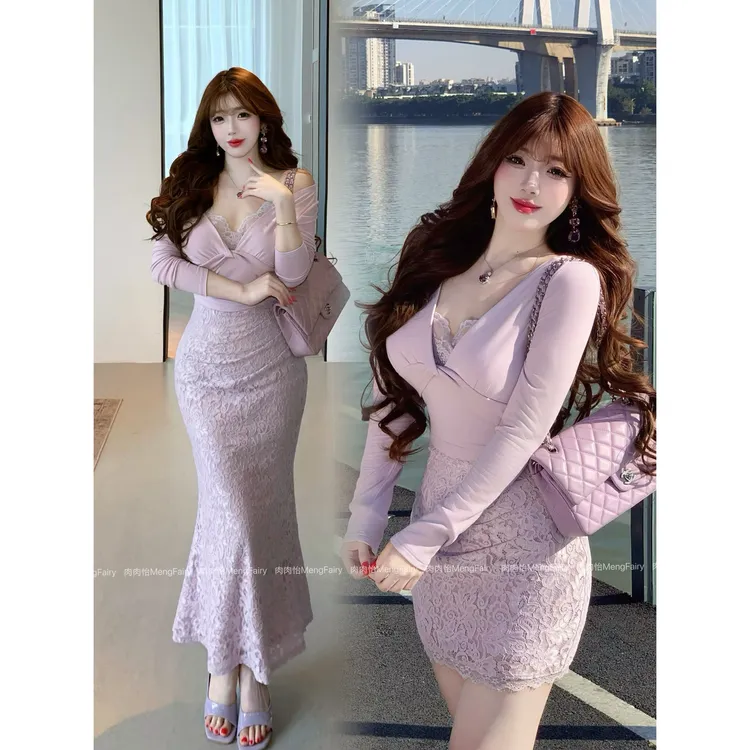 萌面侠肉肉怡 短现【丁香妲己】假两件拼接蕾丝修身包臀连衣裙6781B