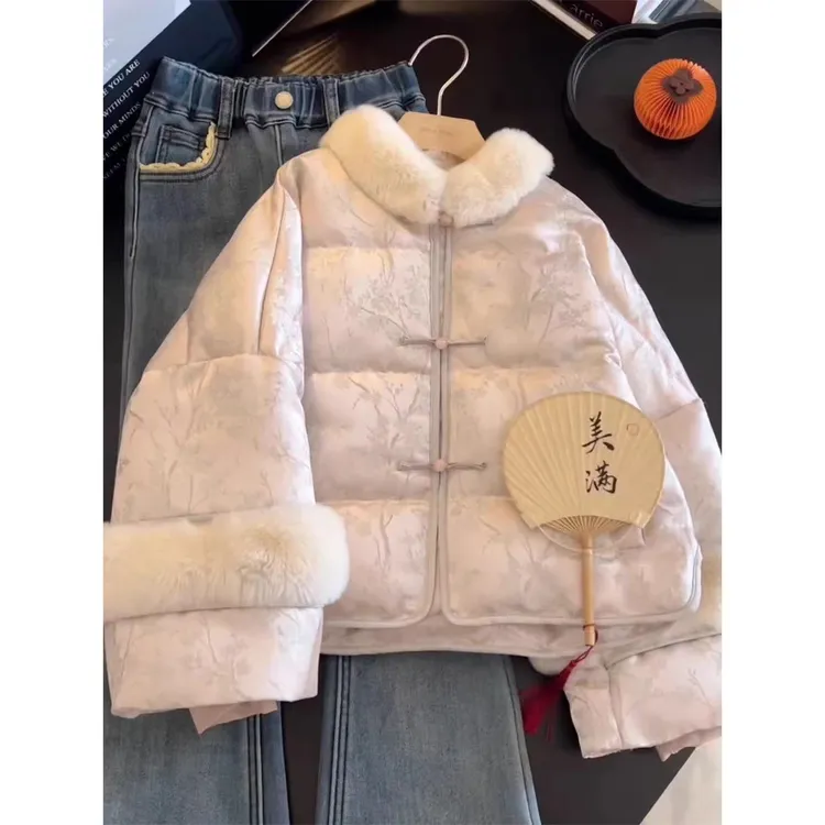 女童新中式盘扣毛绒棉服2025冬季加厚保暖高级感气质国风棉袄外套