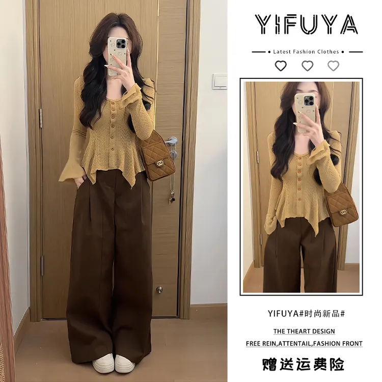 秋冬法式INS风辣妹风休闲风时尚套装咖色阔腿裤气质减龄高级感
