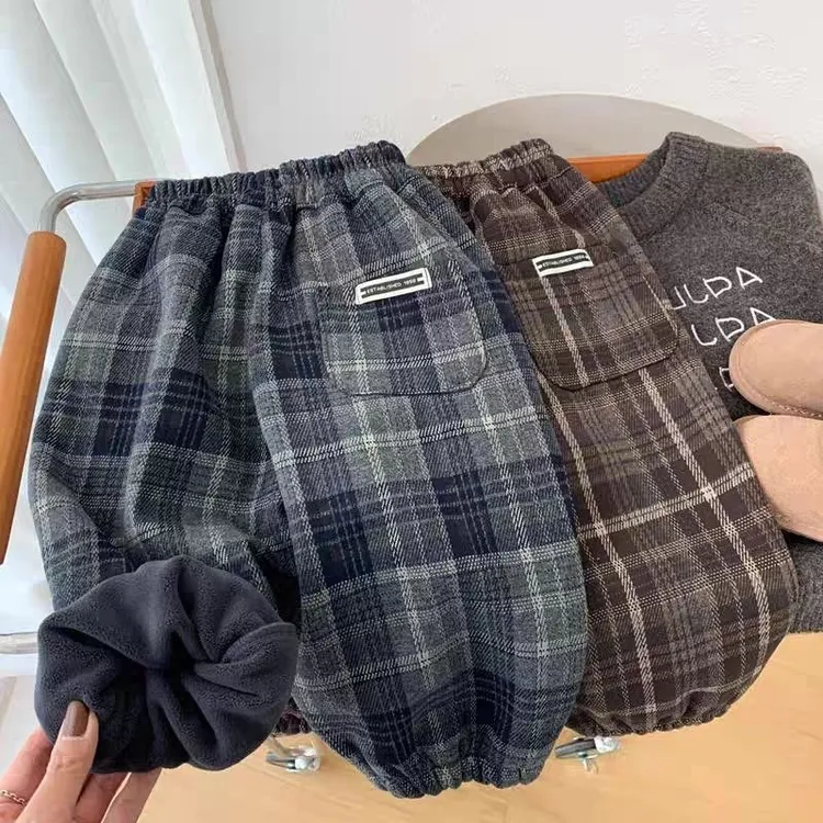 男童裤子加绒加厚冬季2025新款儿童一体绒小男孩韩版格子束脚裤潮