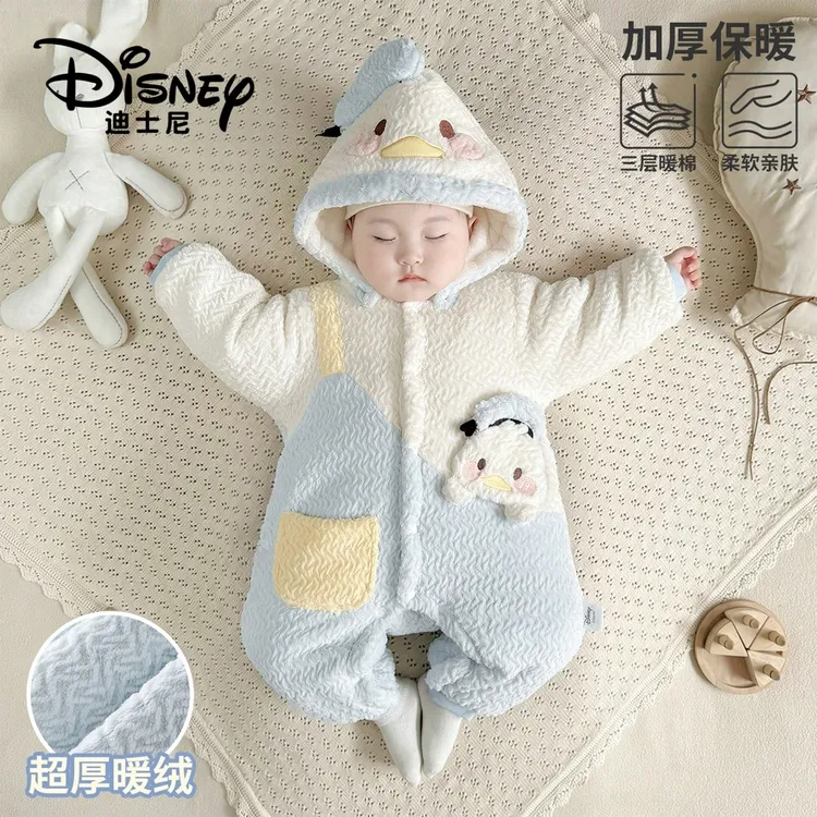 Disney/迪士尼儿童冬天加厚连帽连体衣婴儿外穿衣服加绒爬爬服