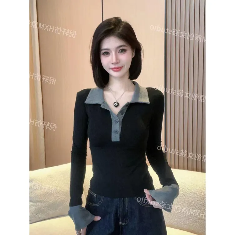 纯欲风撞色拼接POLO领长袖t恤女早秋新款修身显瘦高级感内搭上衣