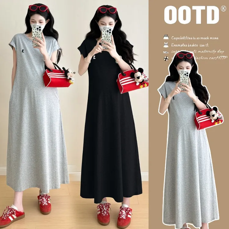 孕妇装夏连衣裙2025新款时尚短袖刺绣宽松百搭t恤裙子慵懒风穿搭