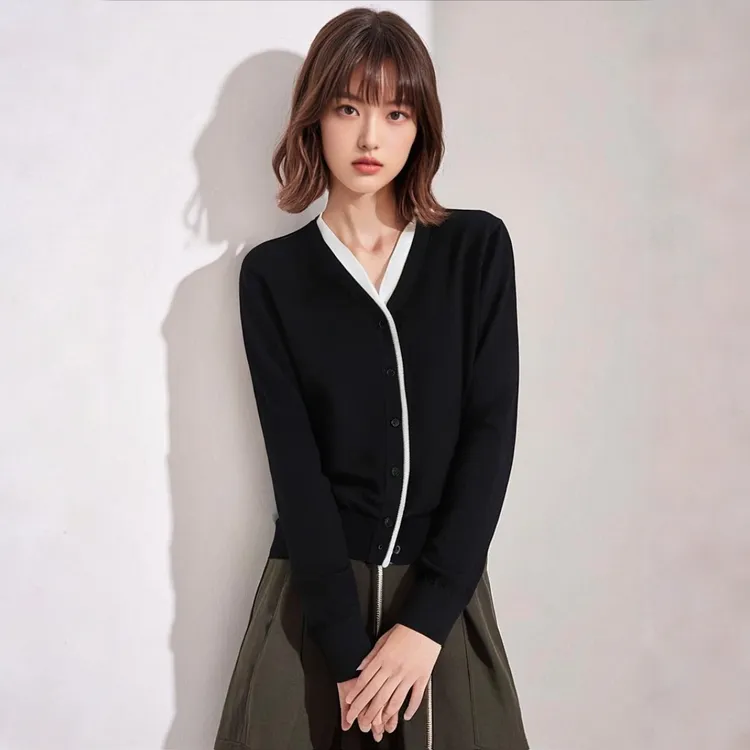 AX-8277女装V领春秋秋季女羊毛修身毛针织衫假两件简约百搭时尚