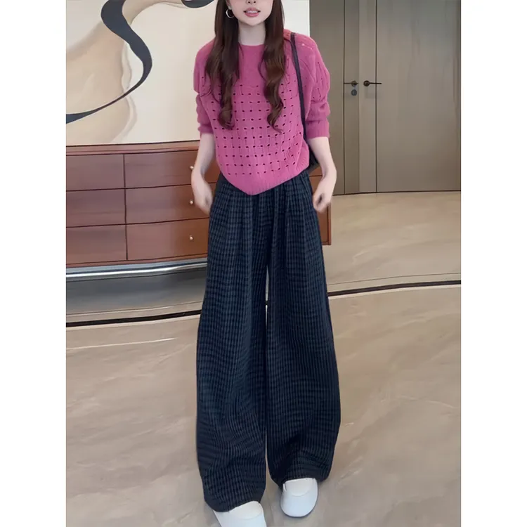 时尚设计感网红炸街爆款百搭洋气圆领上衣阔腿裤休闲运动套装女