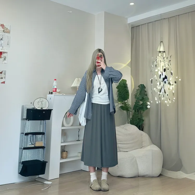 韩系蓝调时刻复古高支棉宽松显瘦长袖百搭格纹衬衫女春秋三件套