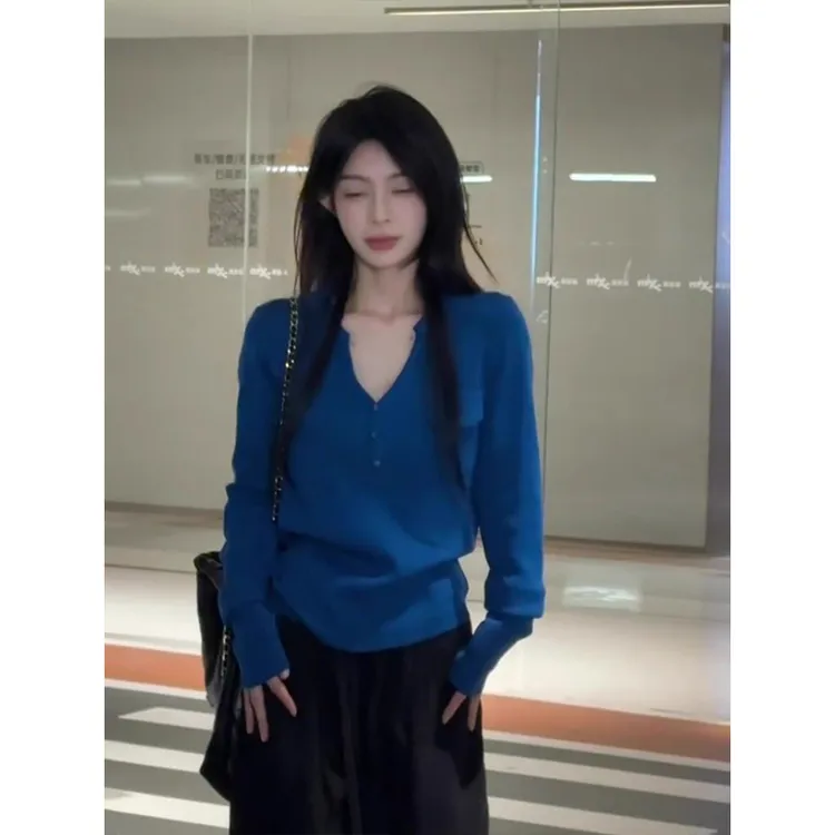 韩系ins风套装2025秋季新款克莱因蓝薄款v领针织衫显瘦阔腿休闲裤