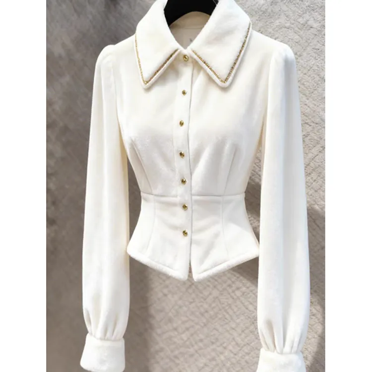 白色丝绒衬衫女2025新款冬独特漂亮高端气质加厚保暖法式小资上衣