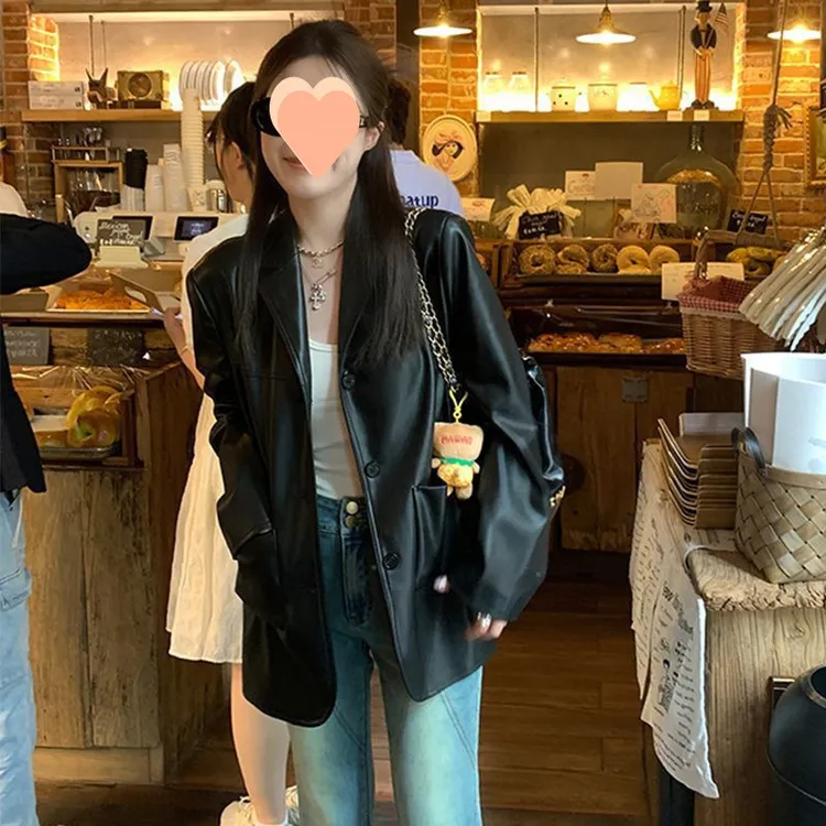 设计感西装皮衣外套女2024新款韩系机车风高街时尚黑色小西服潮春