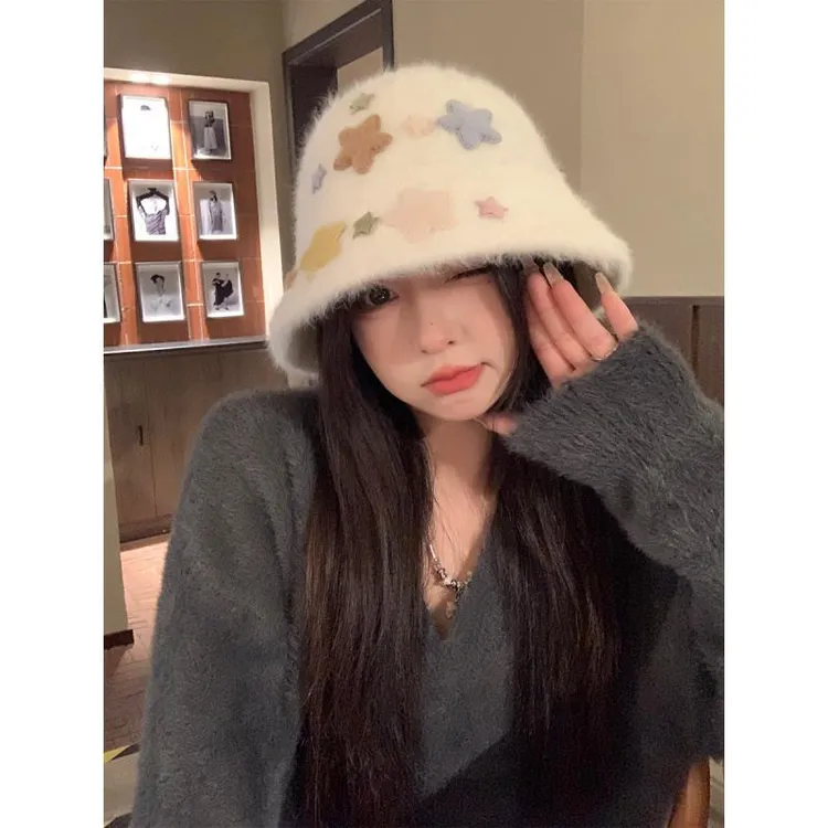 显脸小仿兔毛渔夫帽女秋冬显脸小星星帽子素颜遮脸毛绒水桶盆帽