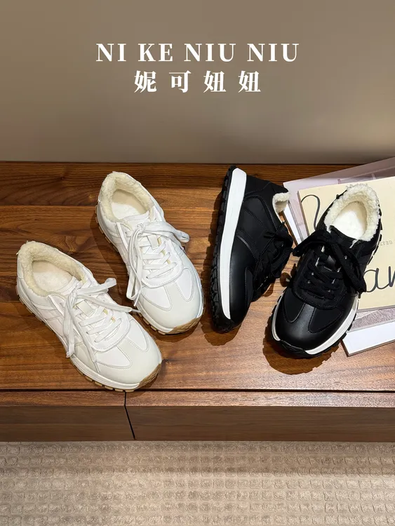妮可妞妞 新款秋冬真皮厚底加绒阿甘鞋系带休闲鞋复古德训鞋女