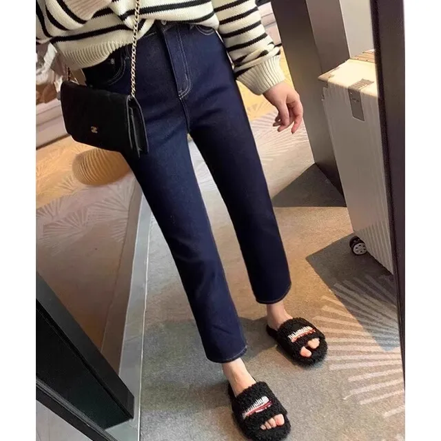 丹宁蓝高腰直筒牛仔裤女春秋2025新款夏薄款显瘦墨蓝八九分烟管裤
