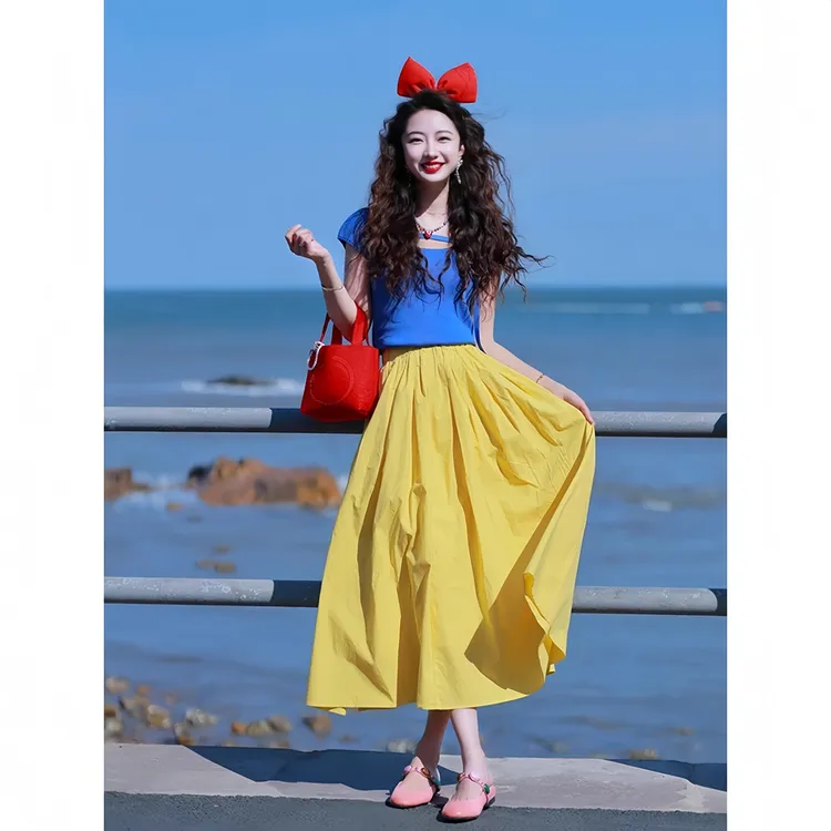 夏季女装套装2025新款多巴胺蓝色短袖上衣百搭绝美显瘦黄色半身裙
