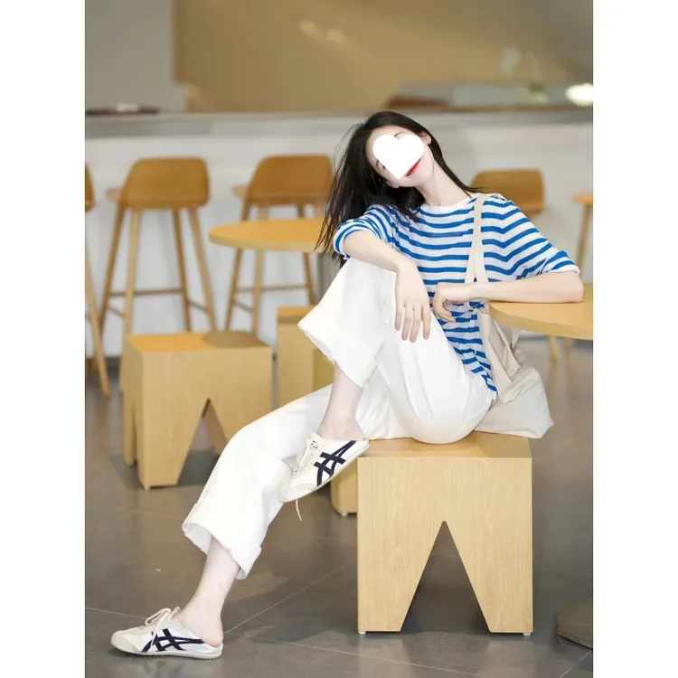 夏季新款慵懒风清爽蓝白条纹圆领长袖防晒衫+白色阔腿裤套装