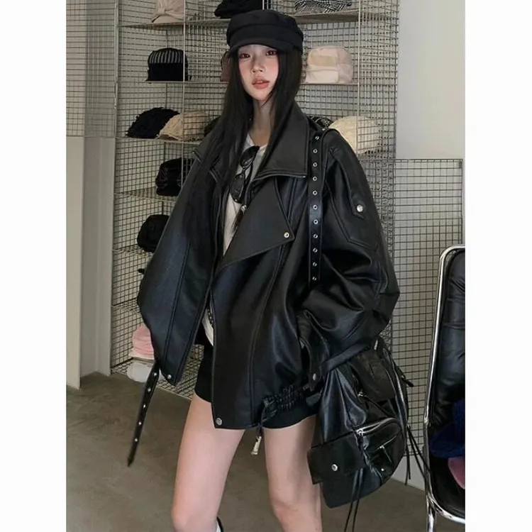 胖mm大码美式复古风潮酷辣妹皮衣外套女秋季高级感机车PU皮夹克