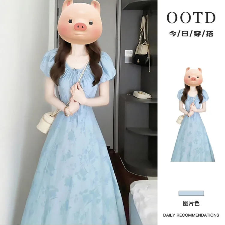 法式蓝色连衣裙子女夏季2025新款爆款气质绝美独特漂亮巨好看长裙