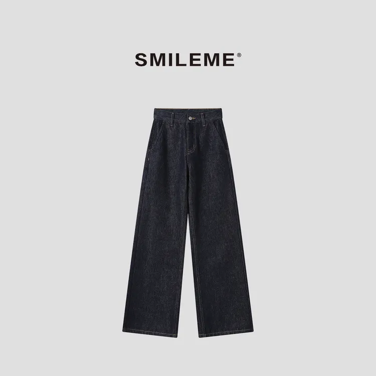 3-SMILEME【海屿蓝】休闲版型阔腿高腰牛仔裤R5373014