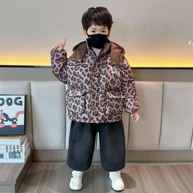 男童冬装豹纹棉衣加绒加厚面包服2025冬季新款小儿童棉服棉袄外套