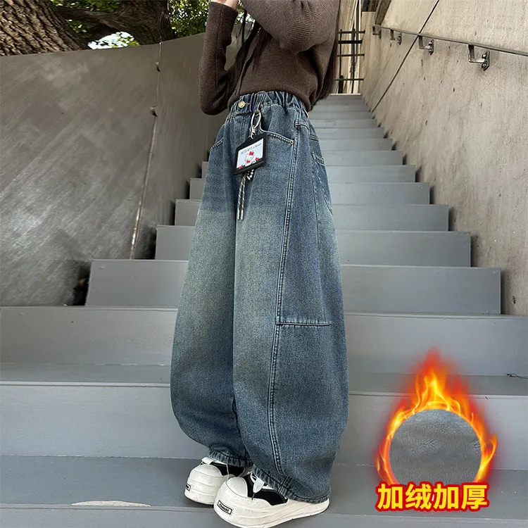 女童加绒牛仔裤冬季2025新款秋冬洋气时髦中大童儿童时尚弯刀裤厚