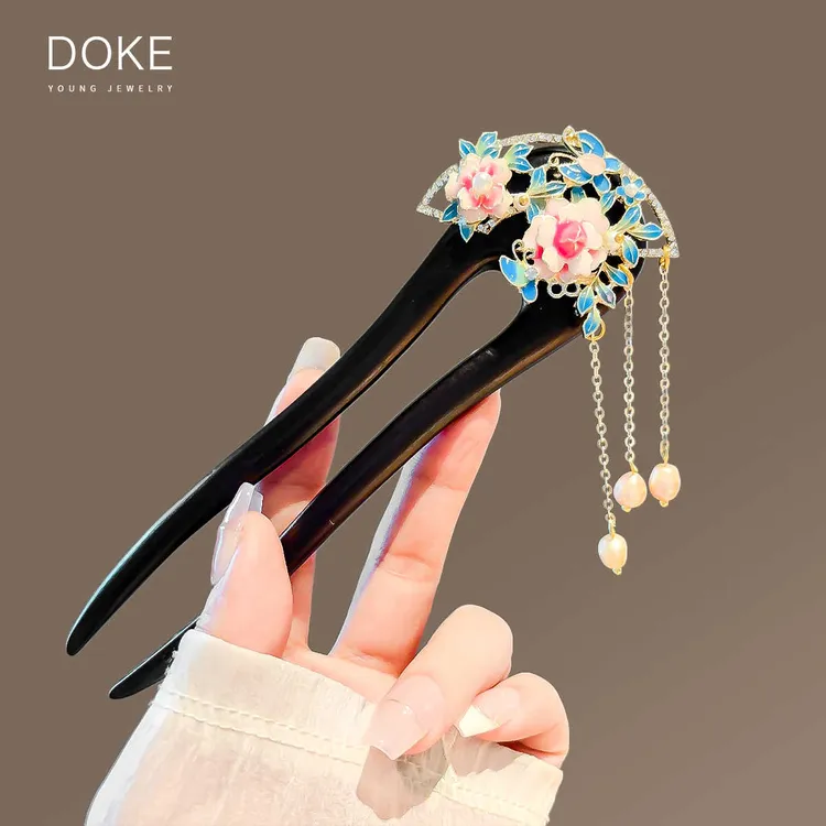 高档牡丹花檀木发簪女古风步摇U型盘发簪子中式发钗汉服旗袍配饰