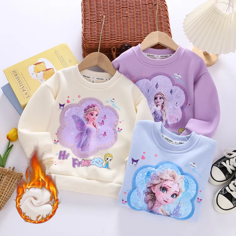 女童纯棉加绒变色卫衣25秋冬儿童装女孩宝宝艾莎加厚保暖亮片上衣