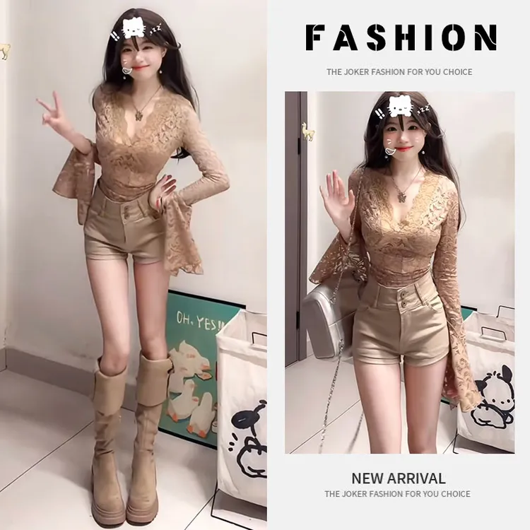 纯欲蕾丝喇叭袖v领修身上衣显瘦内搭长袖高腰辣妹短裤两件套装潮