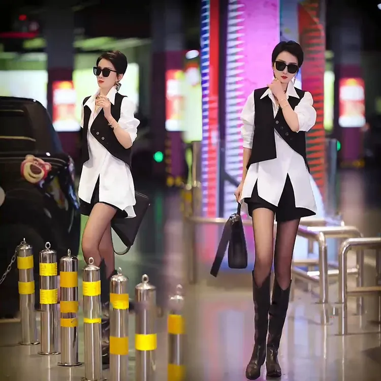 欧货洋气时尚翻领开衩灯笼袖衬衫不等式马夹短裤性感网红三件套