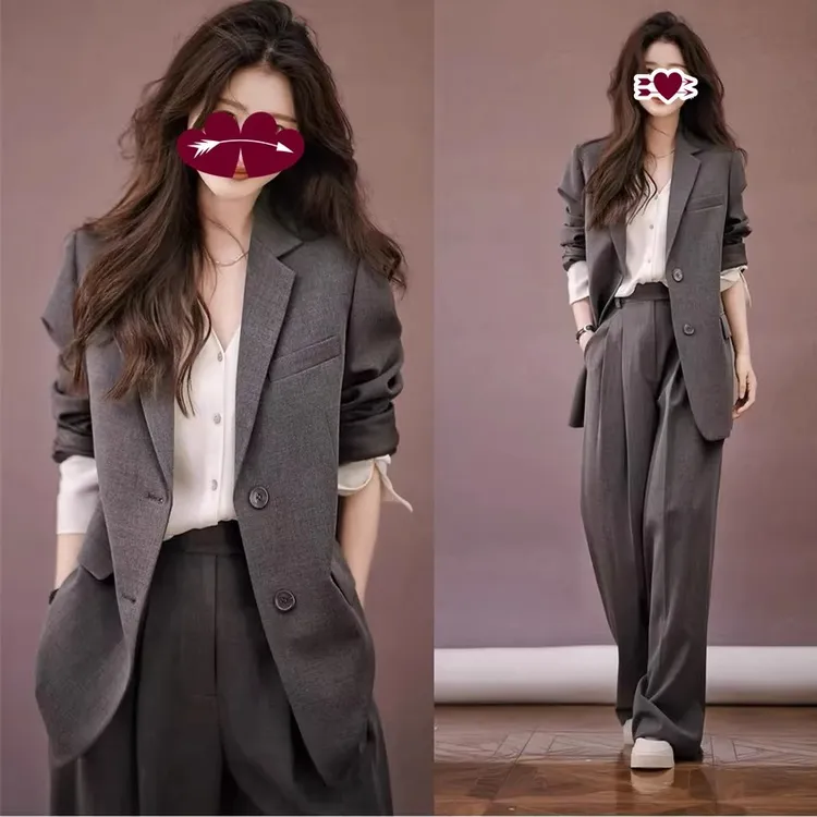 大码高级感灰色西装套装女2025春秋新款韩版显瘦西服阔腿裤两件套