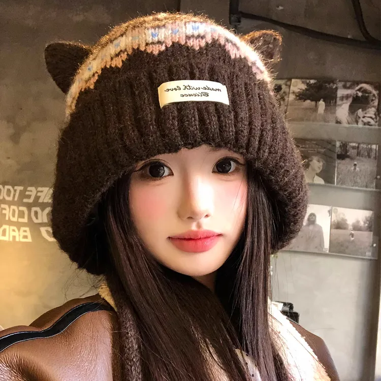费尔岛可爱猫耳朵咖色毛线帽女冬季加厚保暖包头帽显脸小针织帽子