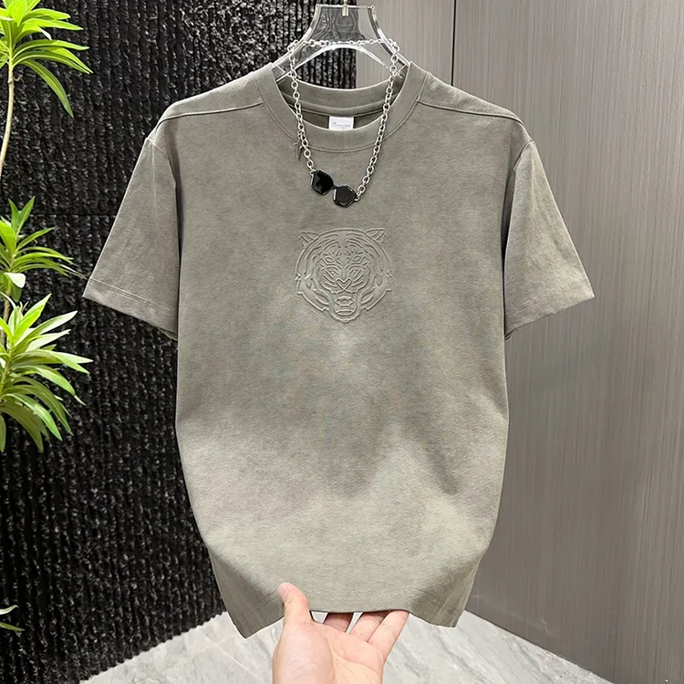 夏季新款潮牌虎头钢印休闲T恤男士宽松圆领时尚半袖打底体恤衫潮t