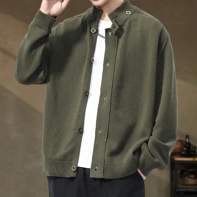 新款立领开衫毛衣外套男秋冬高级感宽松大码纯棉外穿针织衫上衣服