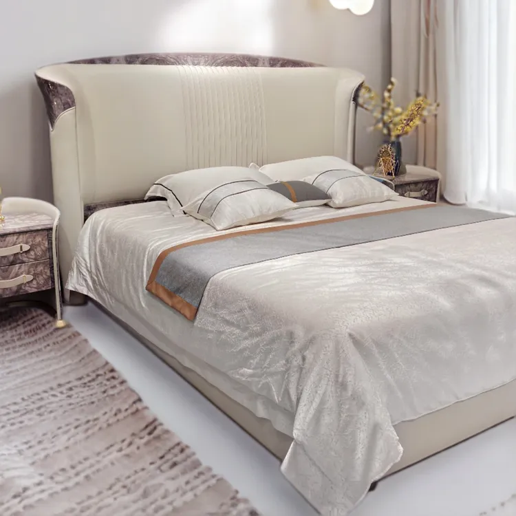 豪宅意式轻奢元宝真皮床轻奢家具时尚主卧室双人婚床牛皮全屋家具