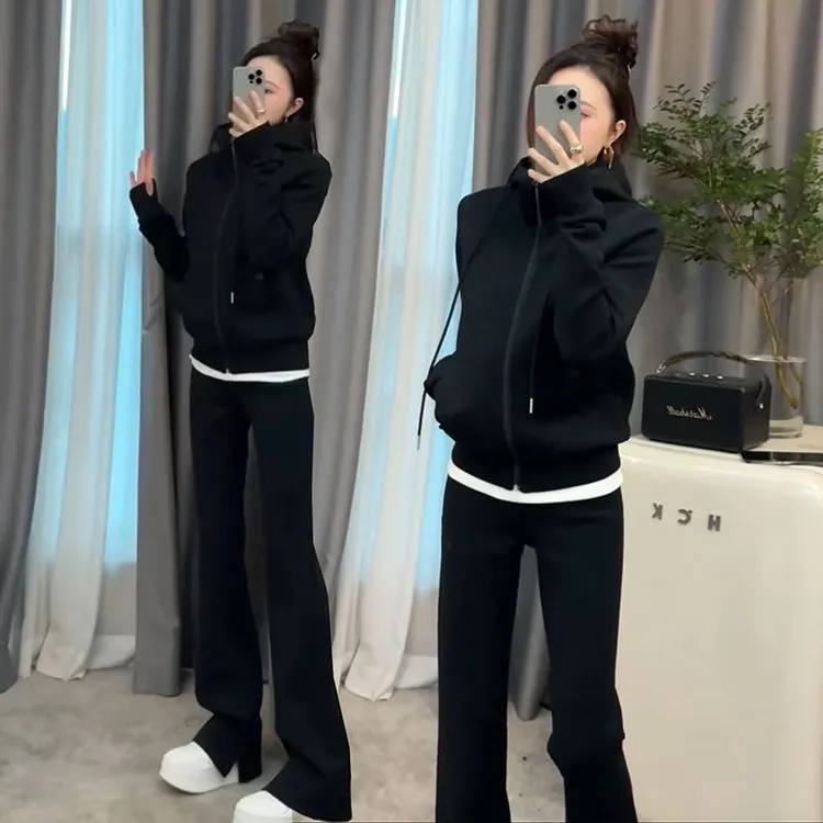 欧货2025春秋爆款休闲运动服套装女连帽显瘦外套直筒阔腿裤两件套