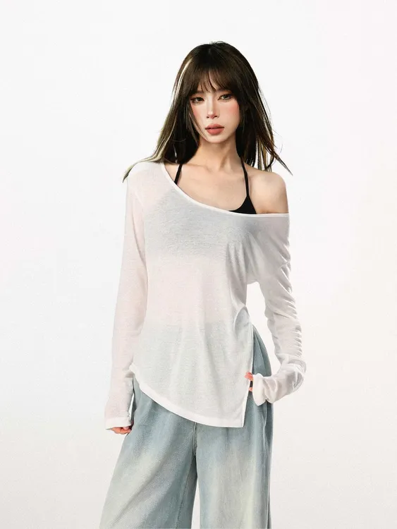 白色露肩斜肩冰丝防晒针织罩衫女夏季薄款外搭不规则长袖t恤上衣
