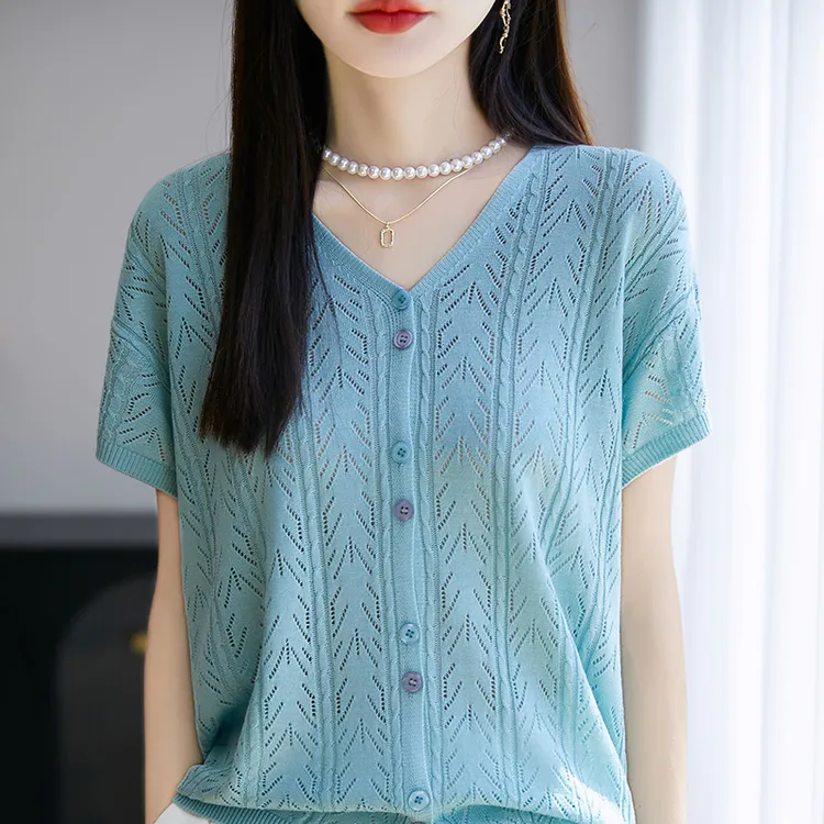 莱赛尔短袖开衫百搭V领镂空上衣天丝针织衫半袖夏季女装气质薄款