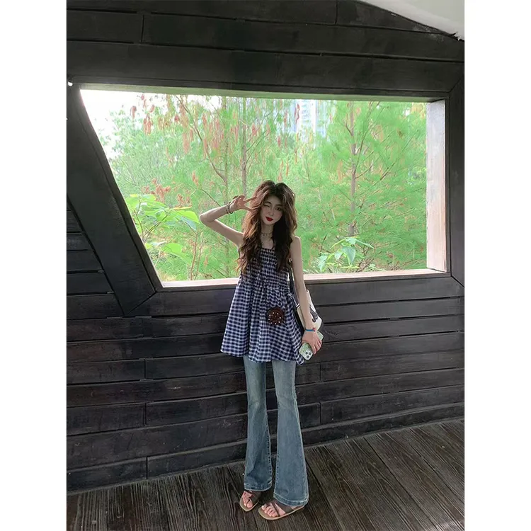 夏季韩版设计感蓝色格子抹胸背心小众上衣女复古高腰显瘦牛仔裤子