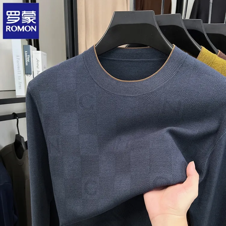 罗蒙男士羊毛加厚圆领针织衫2025秋冬新款中年纯色休闲打底衫上衣
