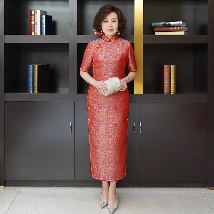 YINGDAK/应大红色八达晕立领新中式旗袍喜婆婆喜妈妈礼服裙