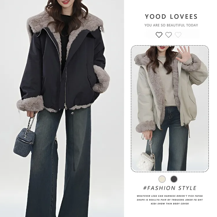 2025冬季新款韩系设计感撞色拼接两面穿时髦翻领连帽毛毛厚外套女