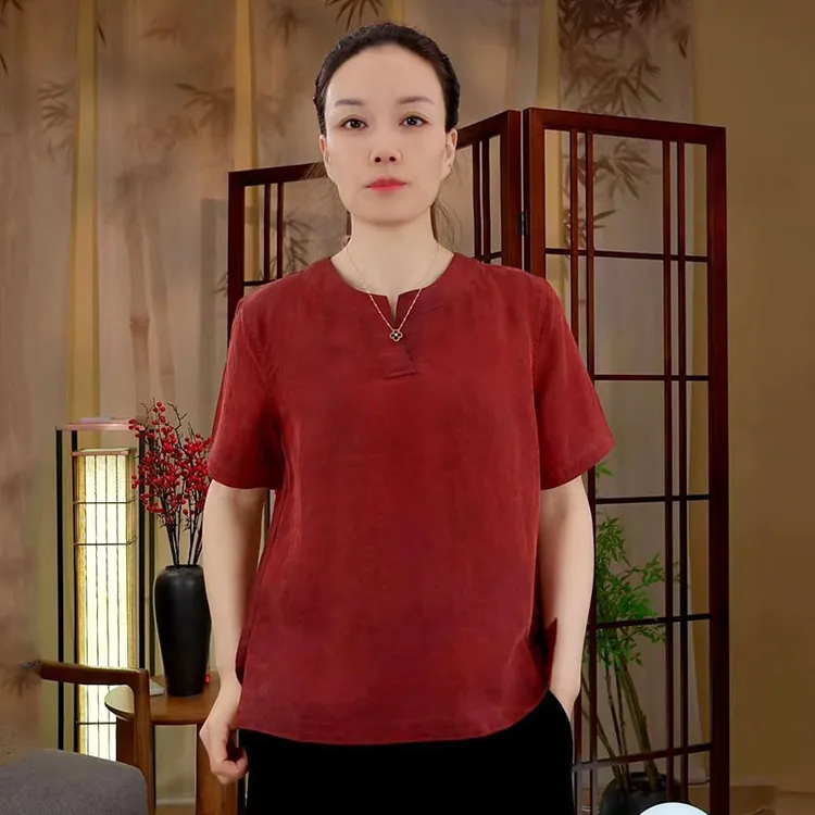 【阿邦香云纱】100%桑蚕丝黑龟上衣双面穿休闲半袖复古V领衫夏季T恤