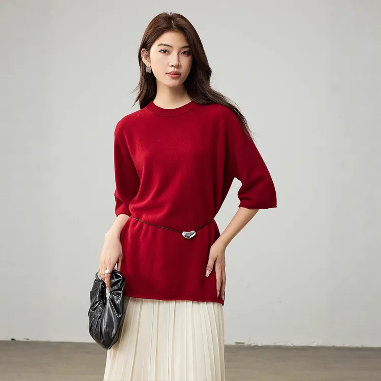 高级轻奢羊绒短袖羊毛针织衫上衣2025新款女装秋纯色宽松毛衣女