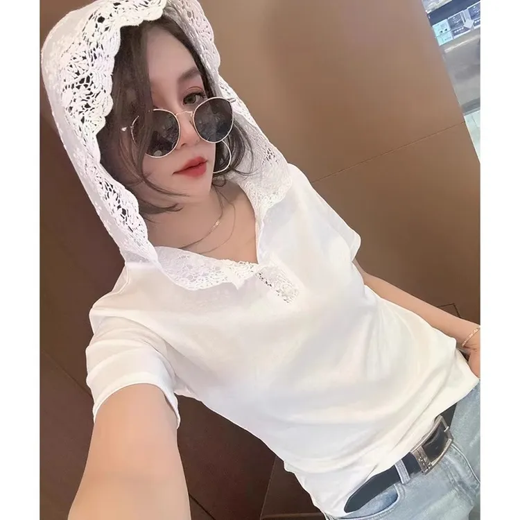 防晒帽2025夏装新款欧货潮ins拼接蕾丝边连帽t恤女上衣叠穿打底衫