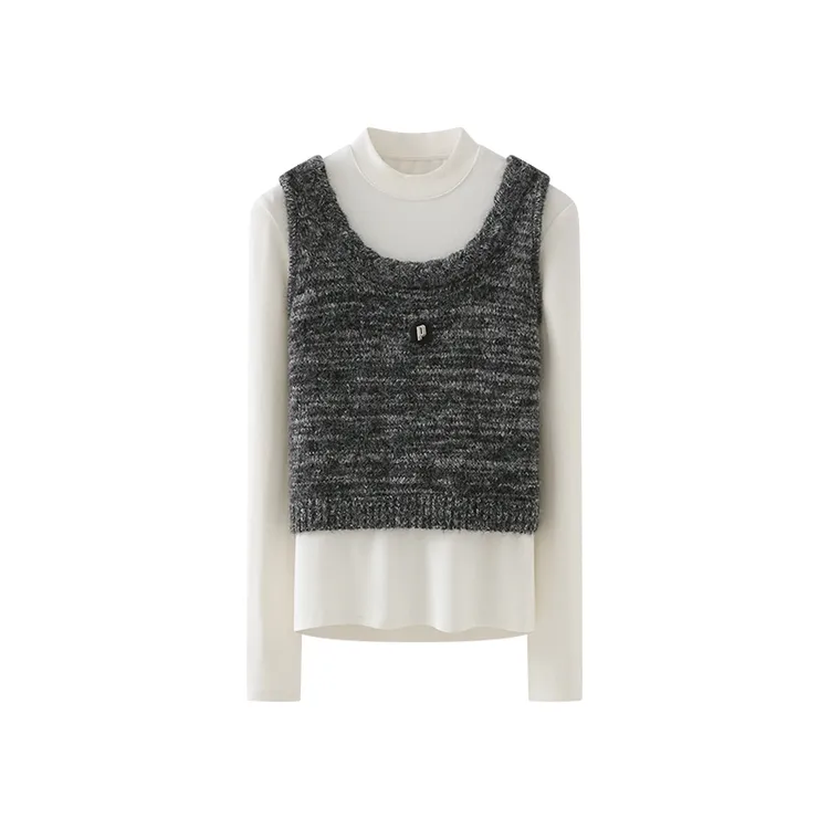 中领长袖字母标针织背心套装女时尚洋气叠穿显瘦两件套春